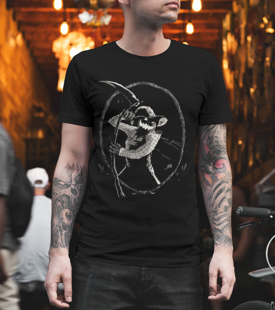 Jack O Lantern Scarecrow Holding Scythe Oval Twig Frame T-Shirt