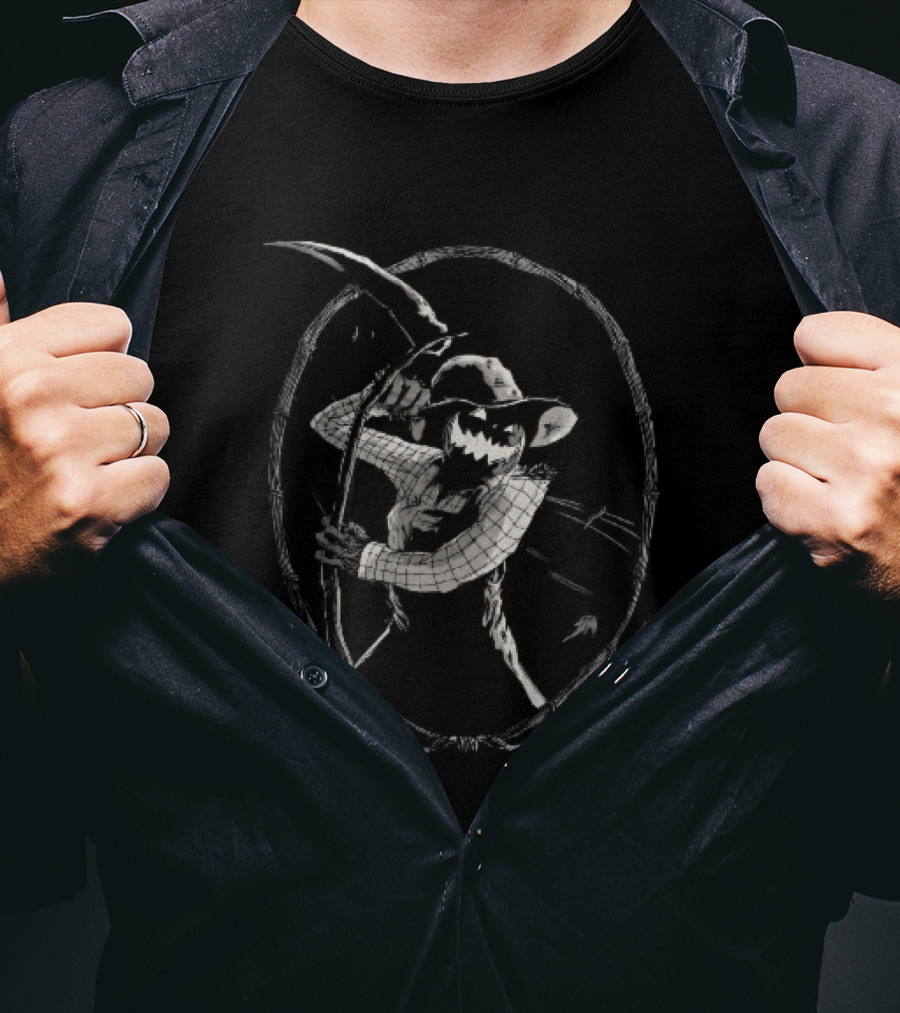 Jack O Lantern Scarecrow Holding Scythe Oval Twig Frame T-Shirt