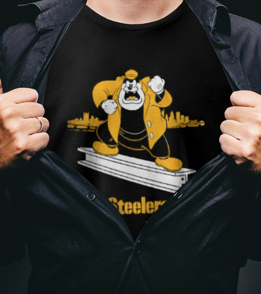 Pittsburgh Steelers Cartoon Pete On Steel Beam Cityscape T-Shirt