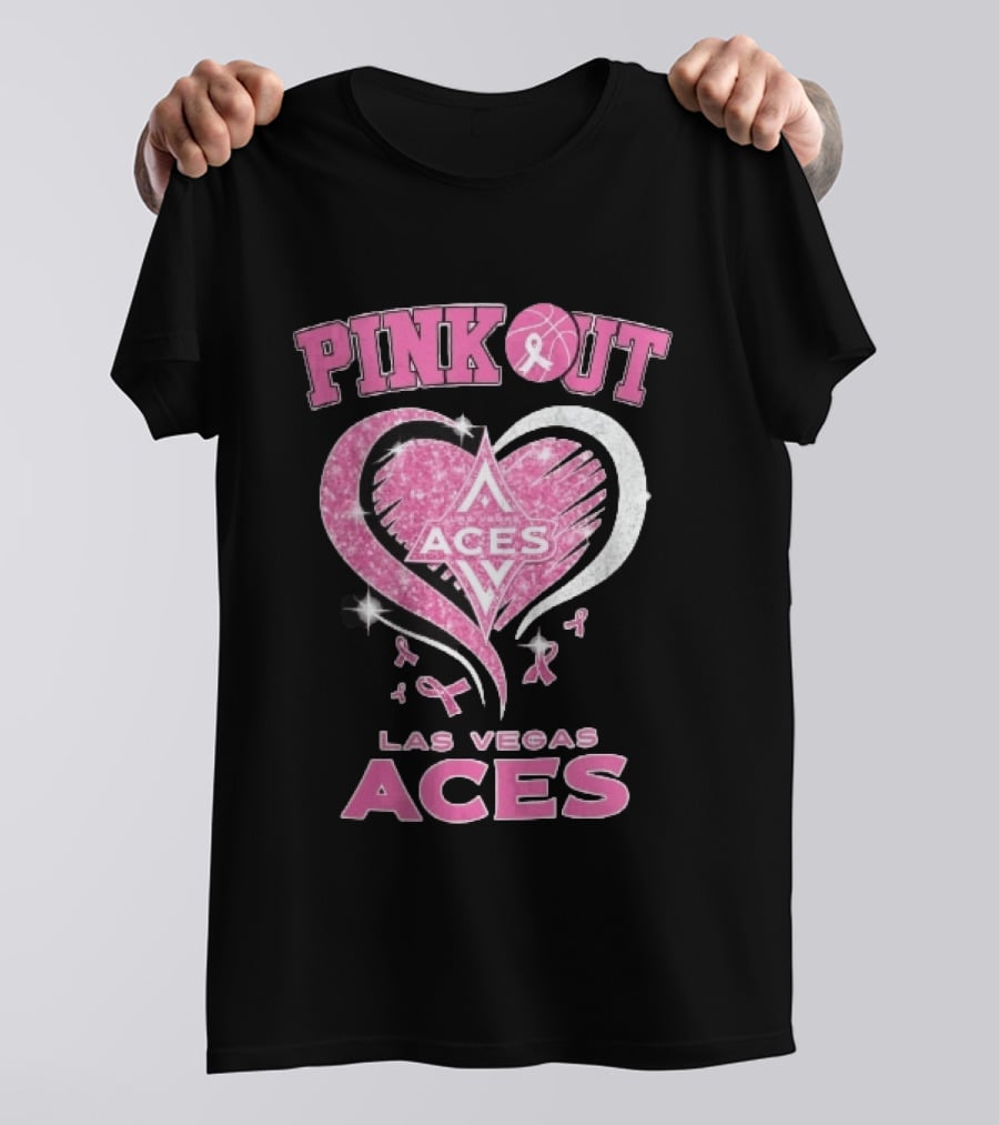 Las Vegas Aces Pink Out Glitter Heart Breast Cancer Awareness Ribbons WNBA T-Shirt