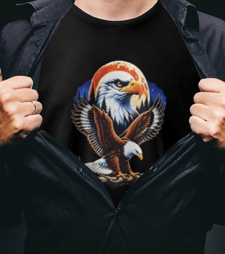 Majestic Bald Eagle With Full Moon And Forest T-Shirt
