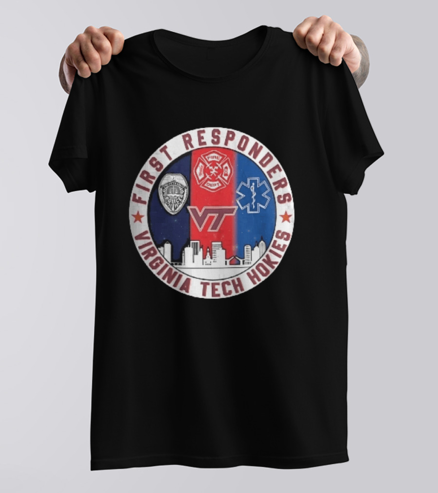 Virginia Tech Hokies First Responders Police Fire Dept EMS Star Skyline T-Shirt