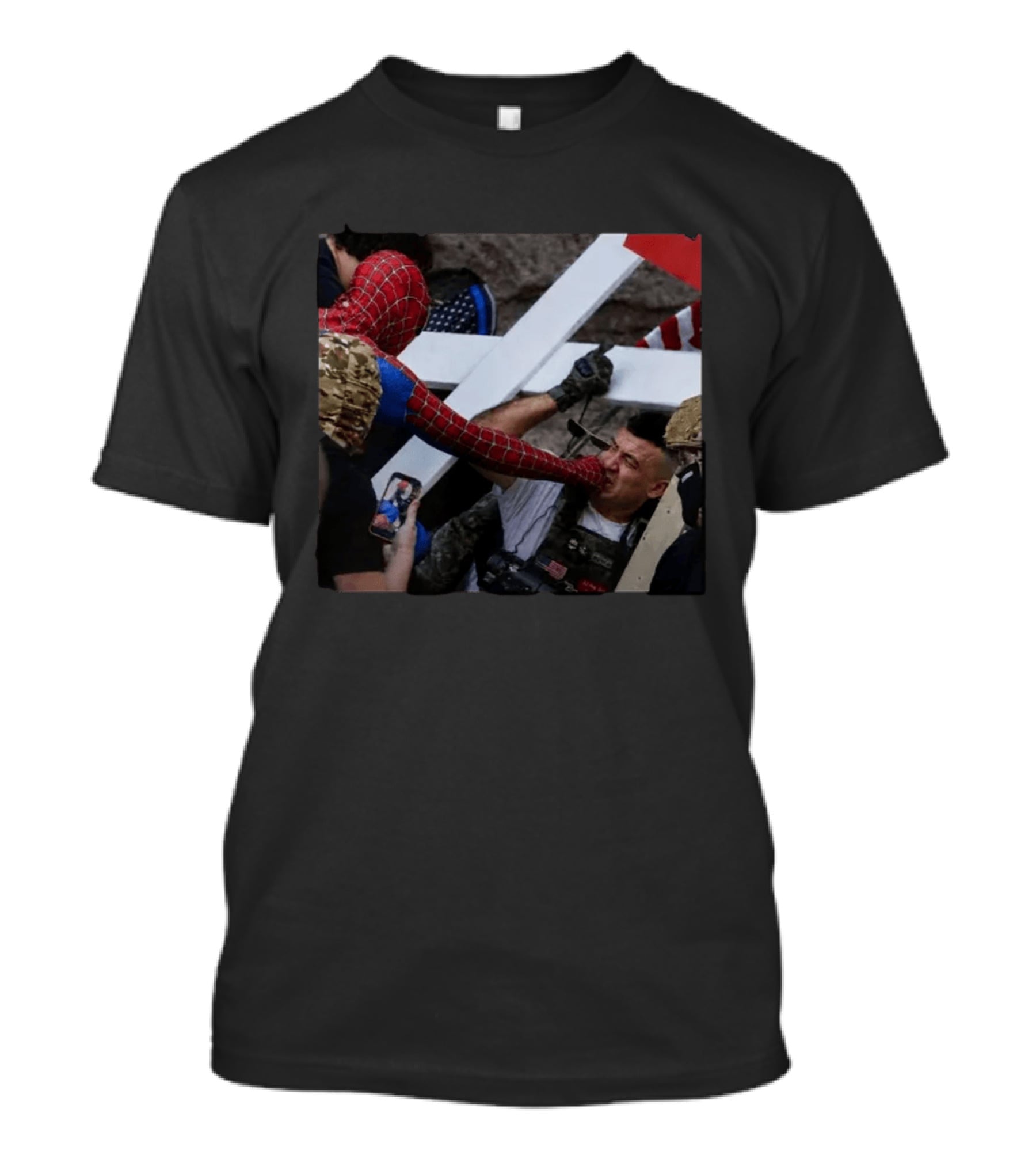 Spiderman Punching Man Holding Cross And Flag Image T-Shirt