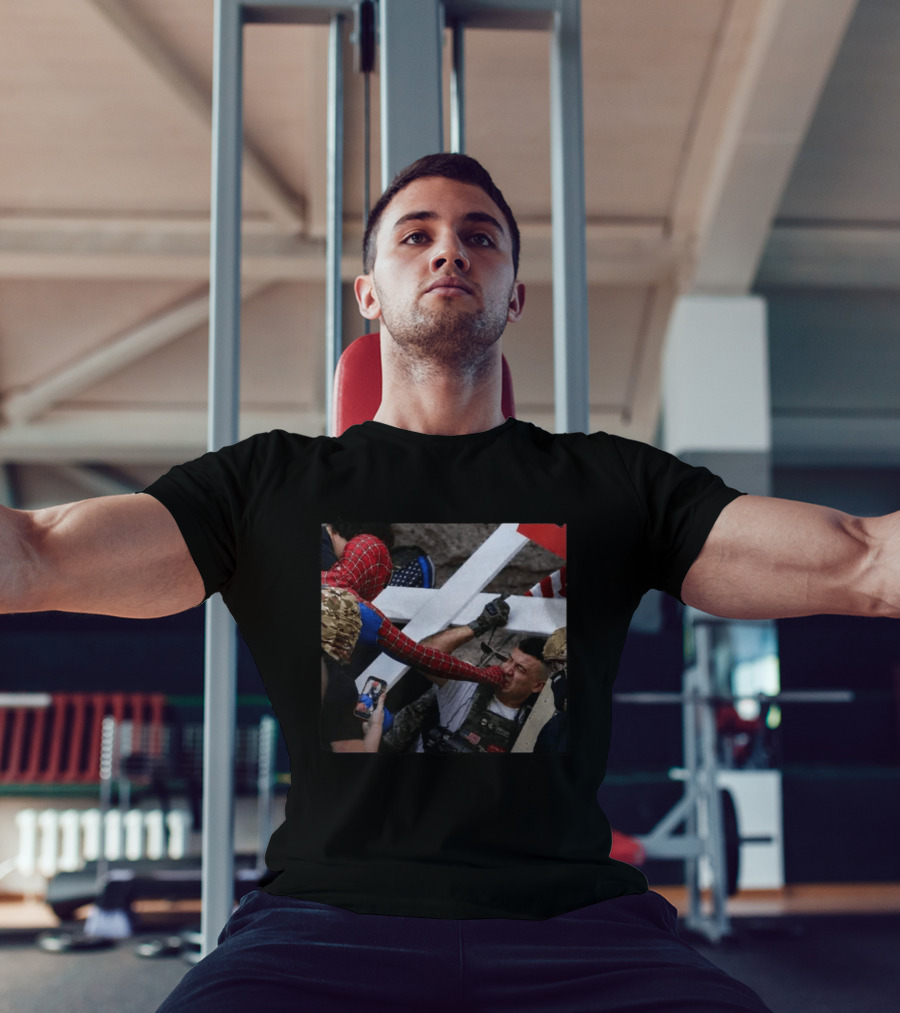 Spiderman Punching Man Holding Cross And Flag Image T-Shirt
