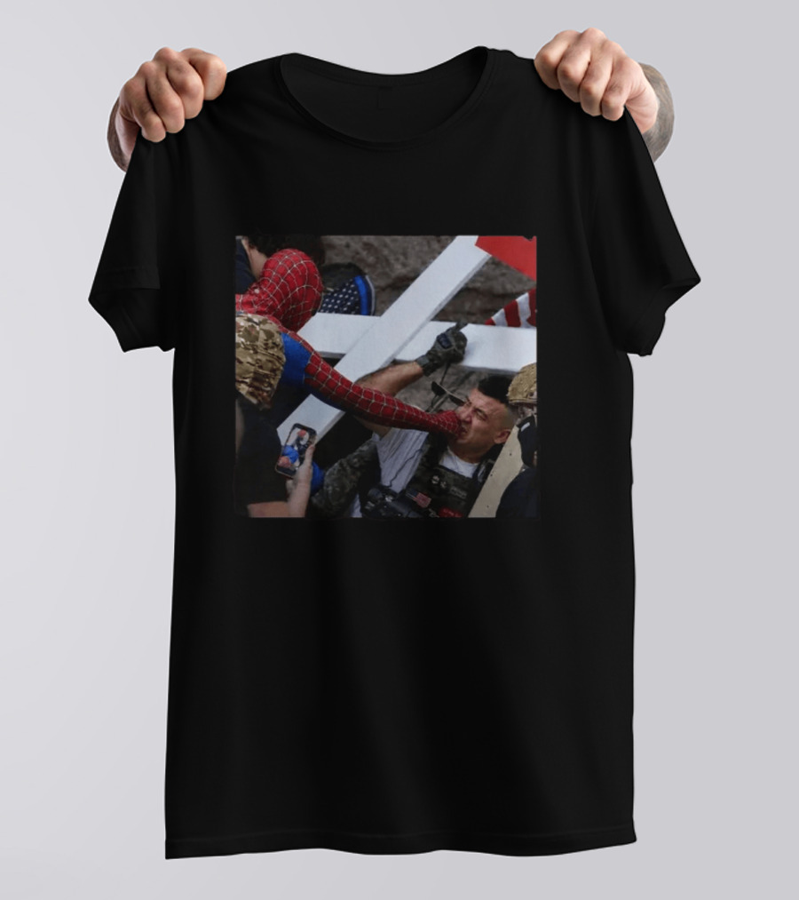 Spiderman Punching Man Holding Cross And Flag Image T-Shirt