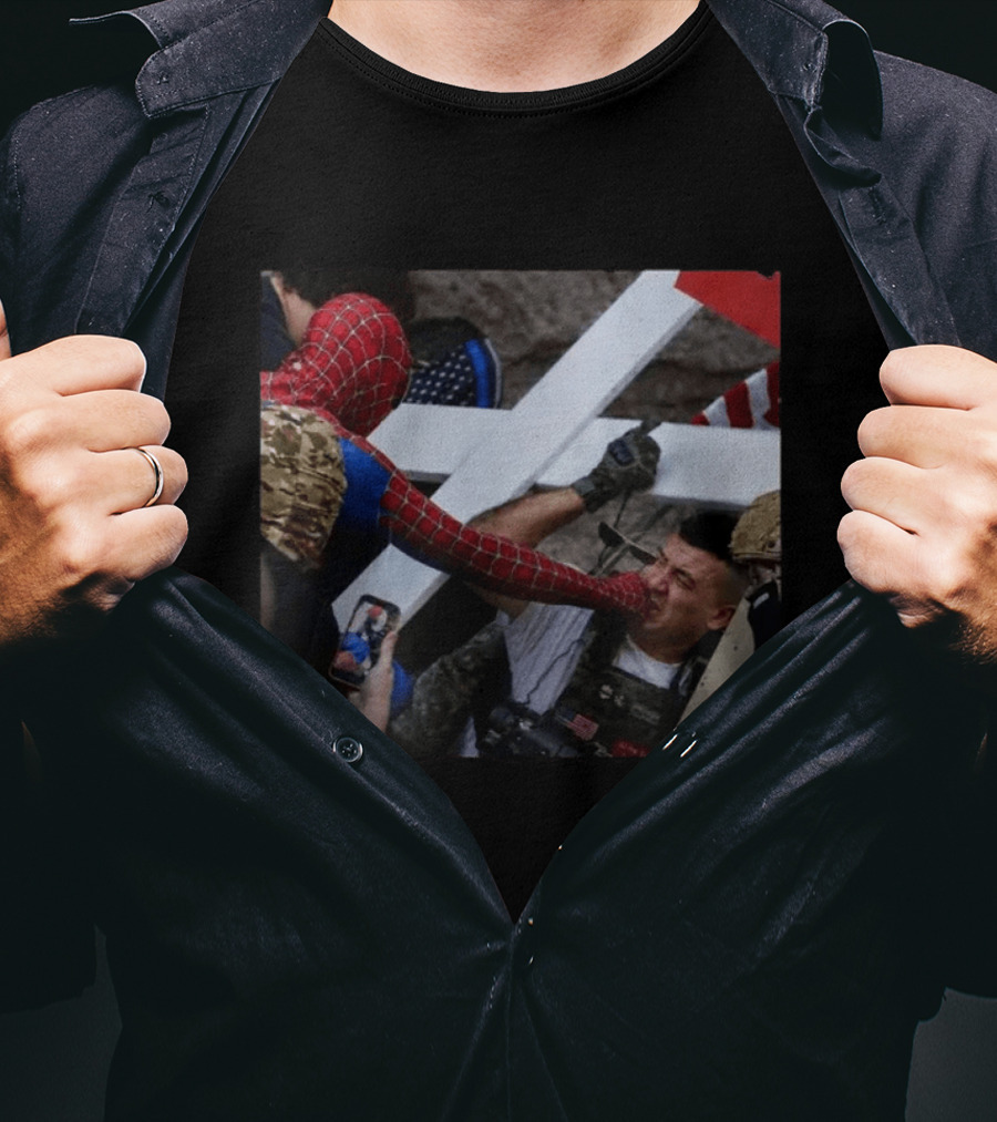 Spiderman Punching Man Holding Cross And Flag Image T-Shirt