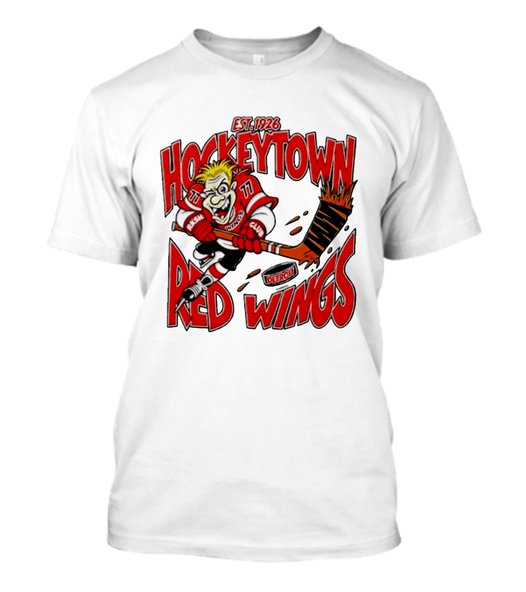 Detroit Red Wings Hockeytown Est. 1926 Vintage Cartoon Player With Flaming Hockey Stick T-Shirt
