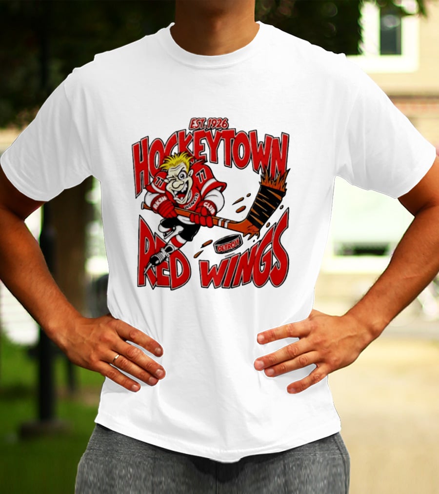 Detroit Red Wings Hockeytown Est. 1926 Vintage Cartoon Player With Flaming Hockey Stick T-Shirt
