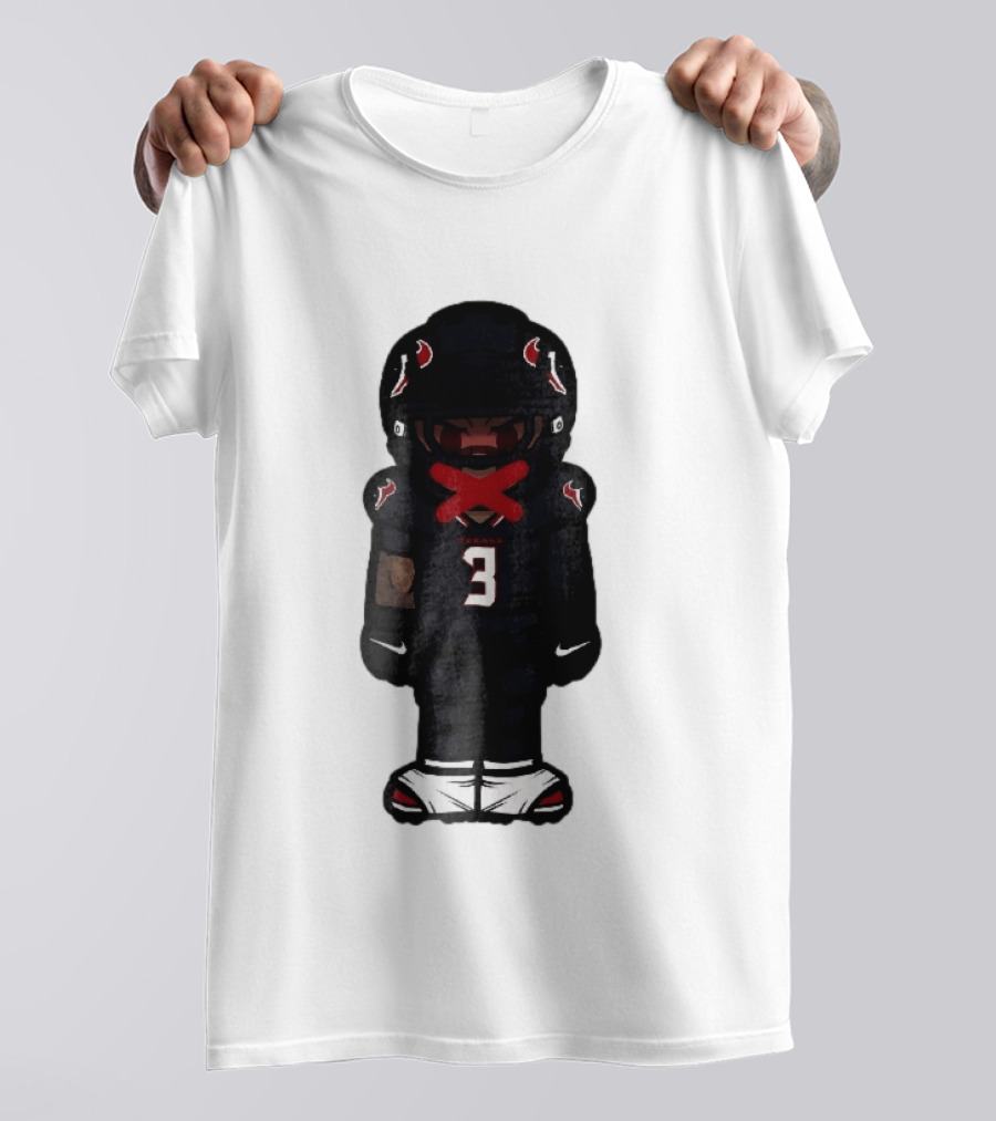 Houston Texans Cartoon Caricature Player Jersey Number 3 Red X Mouth T-Shirt