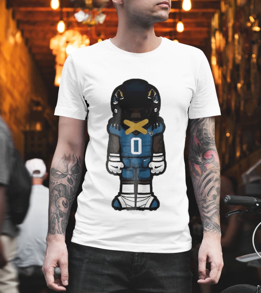 Jacksonville Jaguars Cartoon Caricature Player Jersey 0 Gold Tape Football Team Merchandise T-Shirt