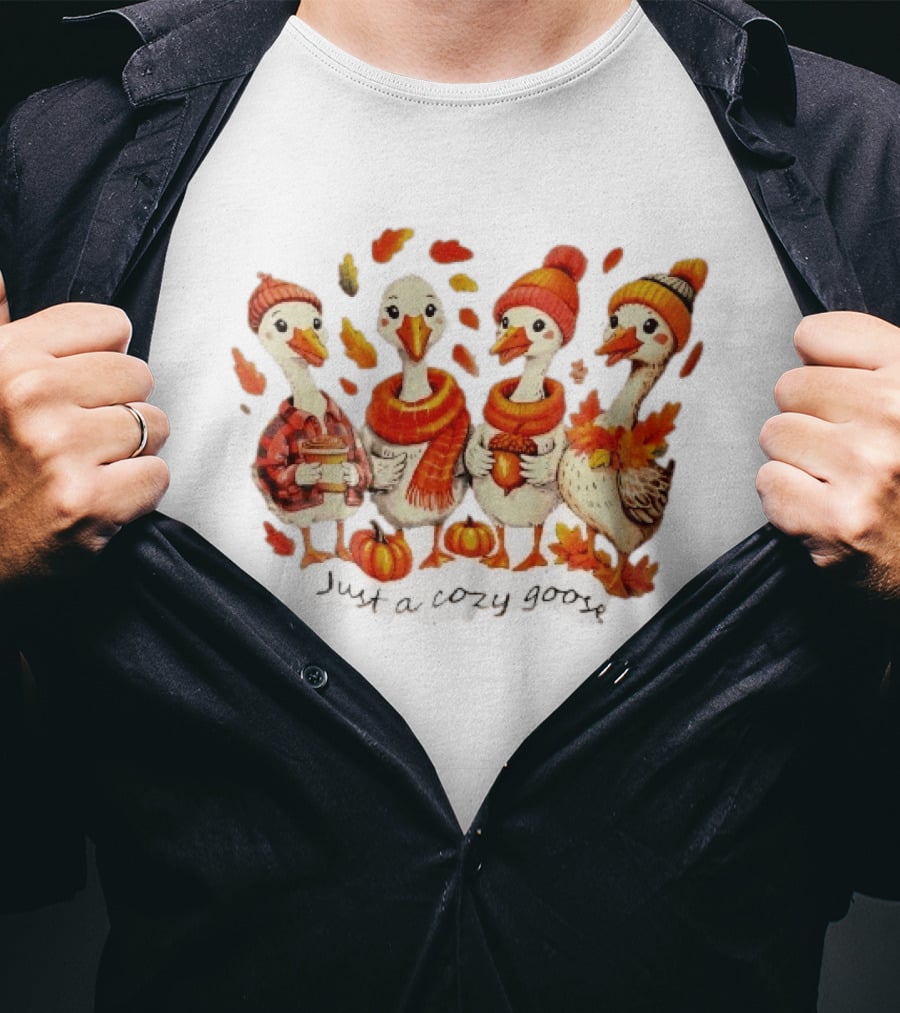 Cozy Goose Autumn Theme Four Cartoon Birds Leaves Pumpkins T-Shirt