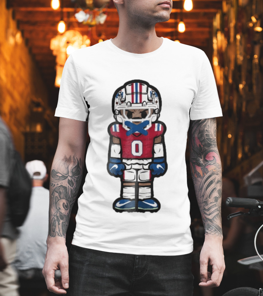 New England Patriots Cartoon Caricature Football Player Red Jersey Number 0 Helmet And Gloves T-Shirt