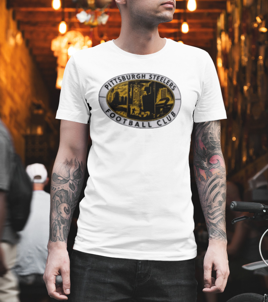 Pittsburgh Steelers Football Club Distressed Oval Emblem Cityscape T-Shirt