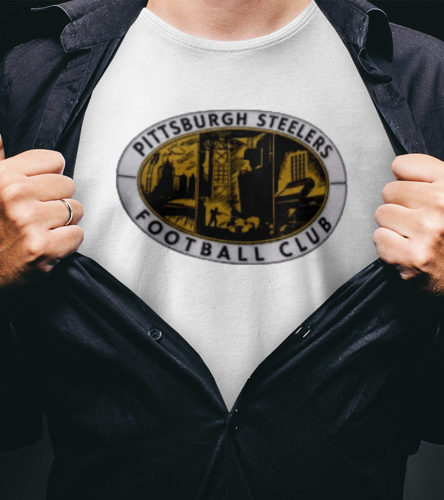 Pittsburgh Steelers Football Club Distressed Oval Emblem Cityscape T-Shirt