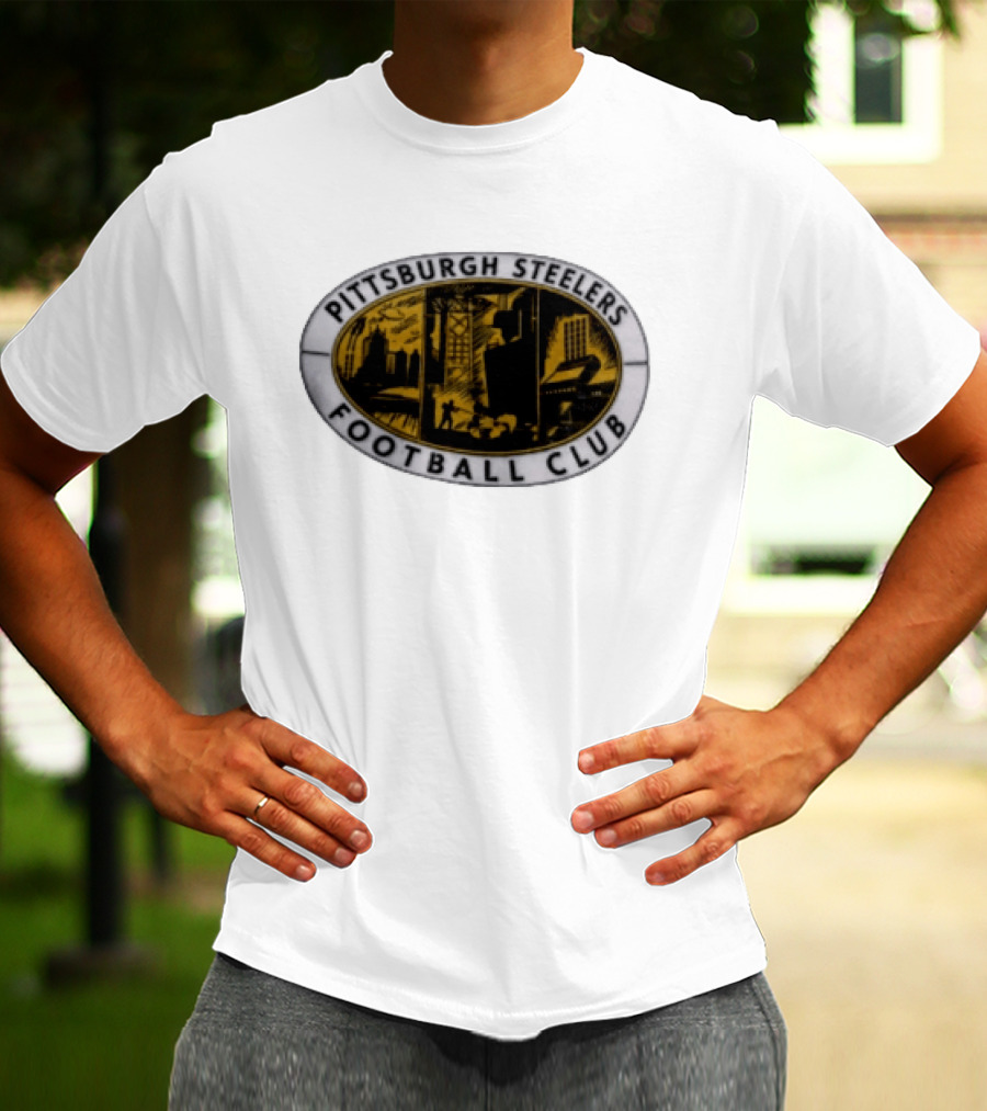 Pittsburgh Steelers Football Club Distressed Oval Emblem Cityscape T-Shirt