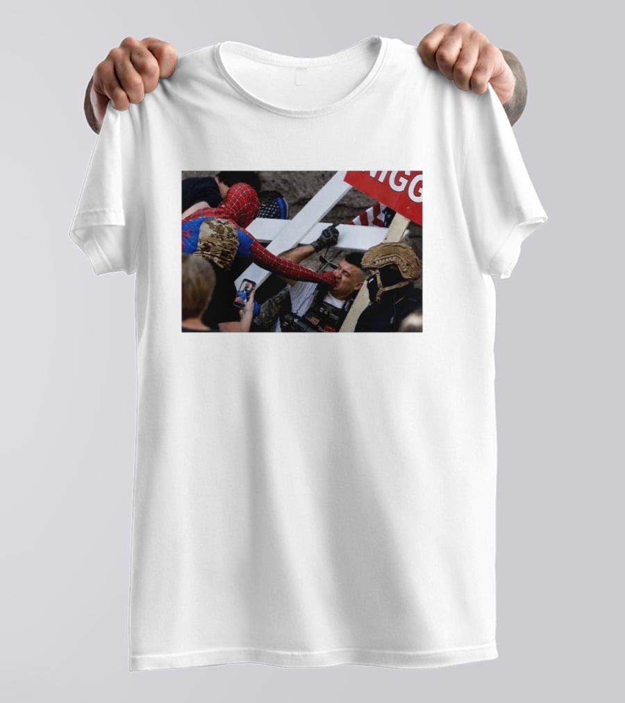 Spiderman Punch A Nazi Protest Scene With Cross And American Flag T-Shirt