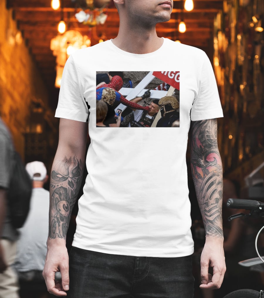 Spiderman Punch A Nazi Protest Scene With Cross And American Flag T-Shirt