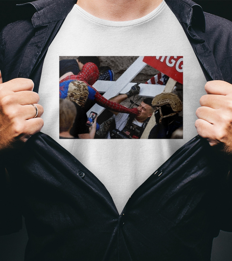 Spiderman Punch A Nazi Protest Scene With Cross And American Flag T-Shirt