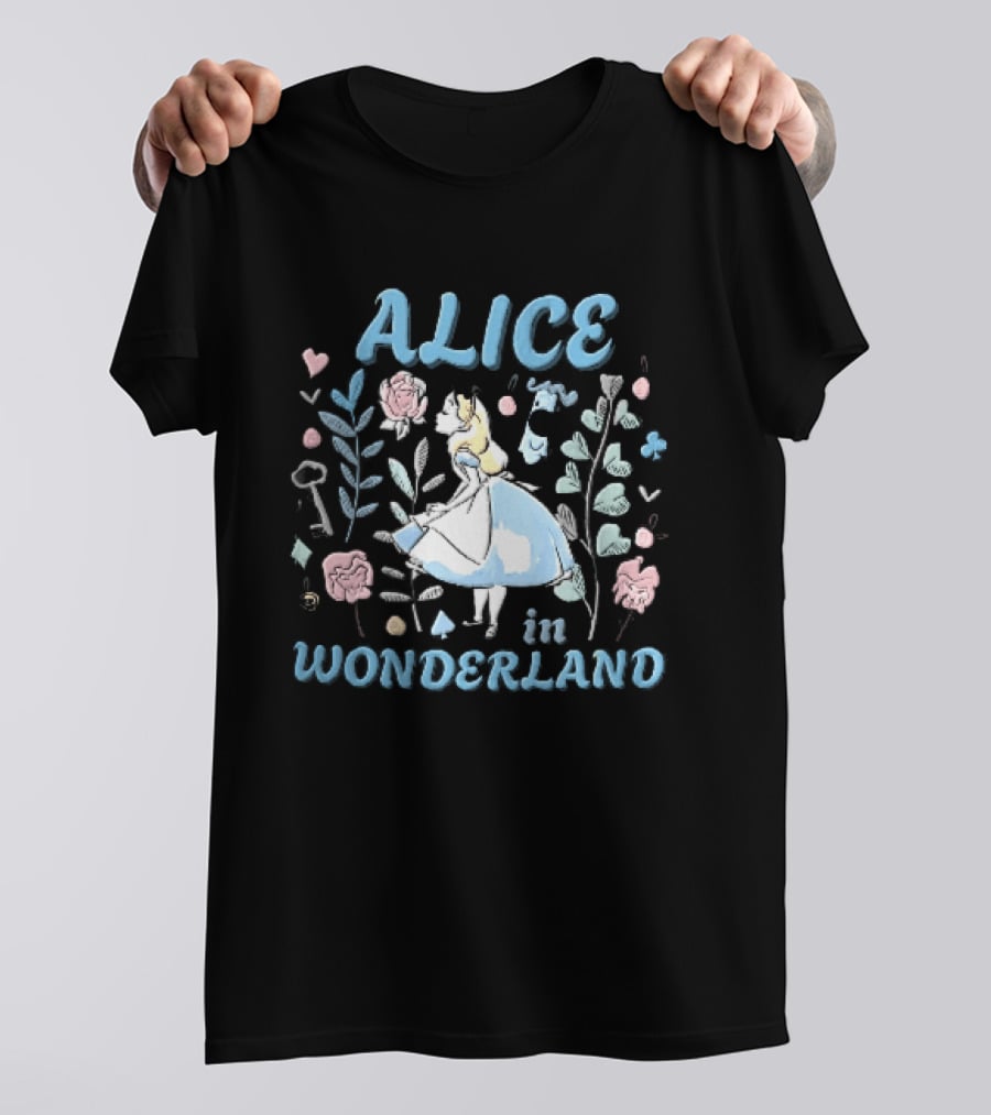 Alice In Wonderland Floral Wonderland With Alice Smelling Flowers T-Shirt