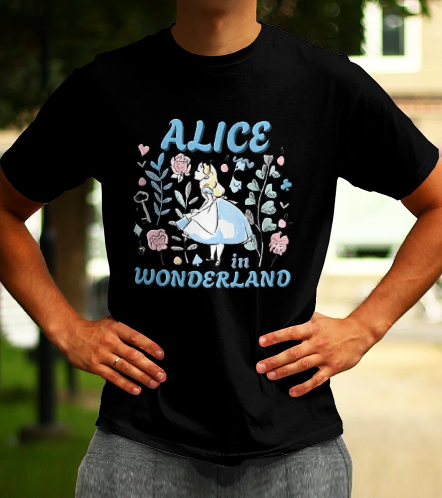 Alice In Wonderland Floral Wonderland With Alice Smelling Flowers T-Shirt