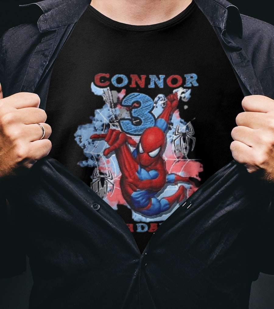 Connor 3 Birthday Boy Spider Man Web Slinging Cartoon T-Shirt