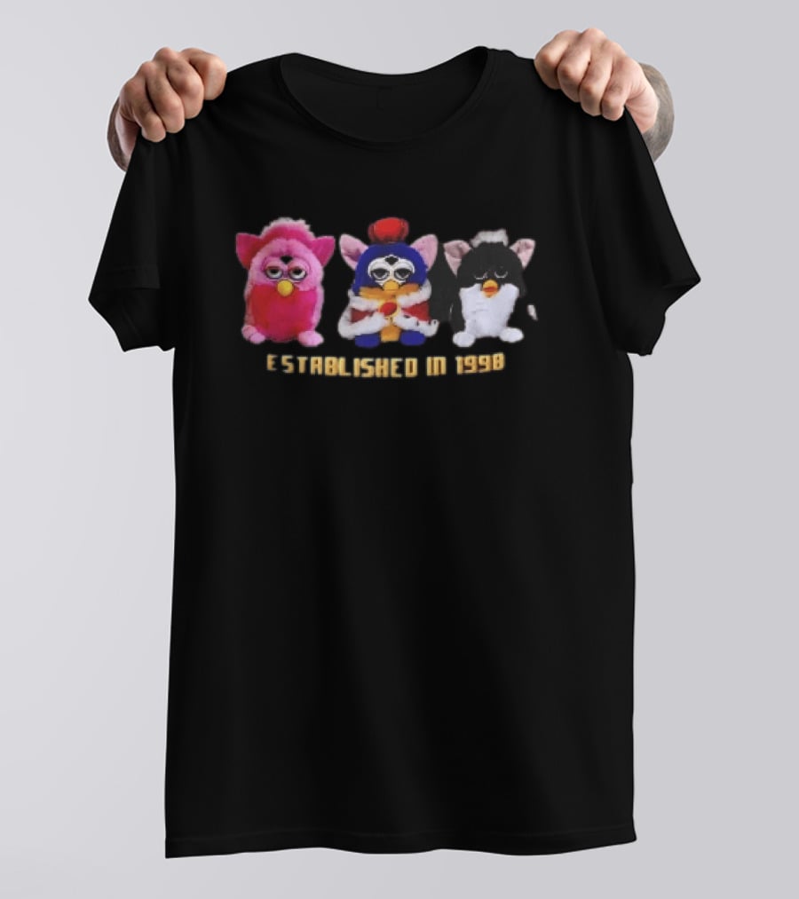 Established In 1998 Three Furby Plush Toys With Crown T-Shirt