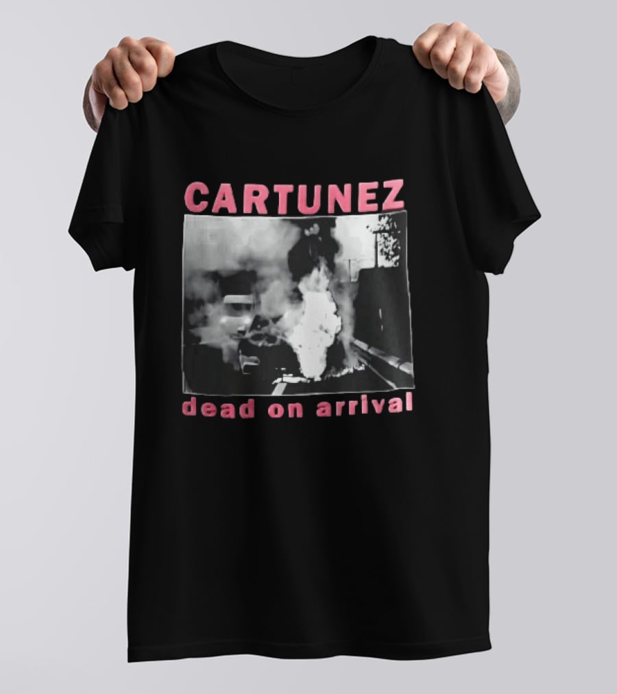 CARTUNEZ Dead On Arrival Burning Car Smoke Fire Street Scene T-Shirt