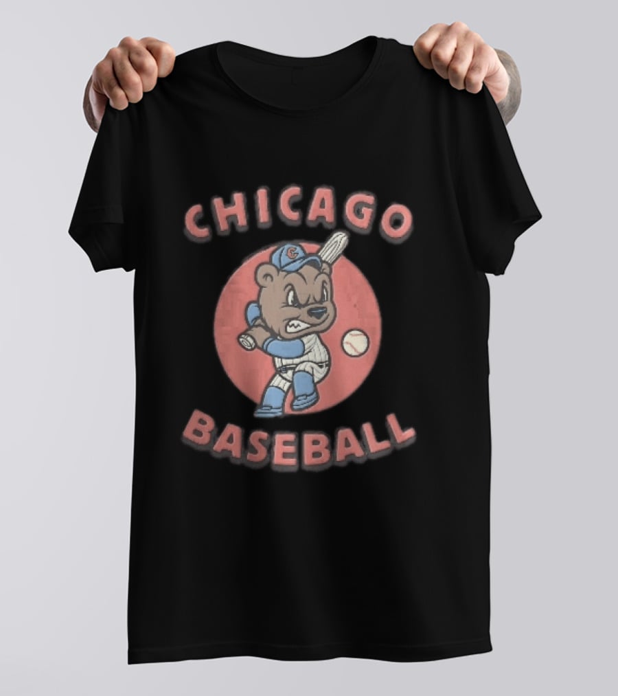 Chicago Cubs Baseball Bear Swinging Bat Cartoon T-Shirt