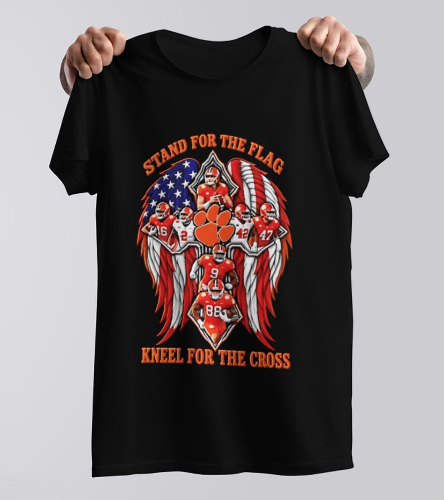 Clemson Tigers Stand For The Flag Kneel For The Cross 2026 American Flag Football Paw T-Shirt