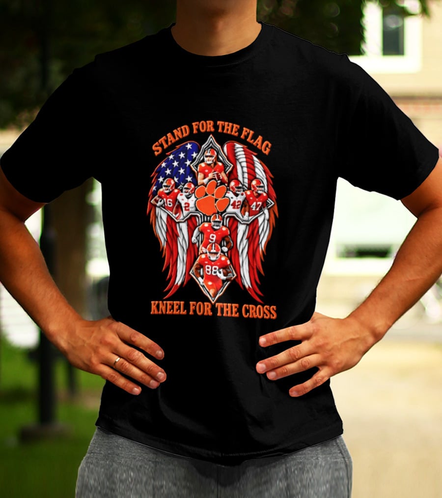 Clemson Tigers Stand For The Flag Kneel For The Cross 2026 American Flag Football Paw T-Shirt