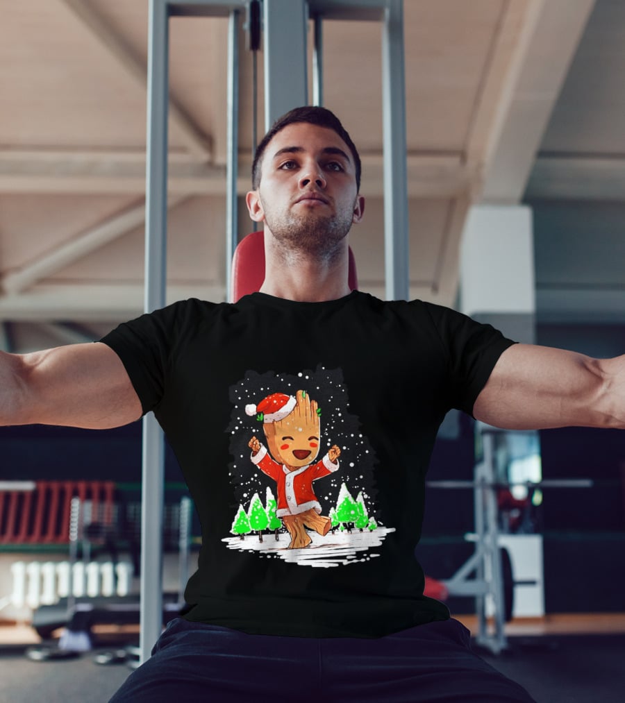 Dancing Santa Groot Christmas Trees Snow Scene T-Shirt
