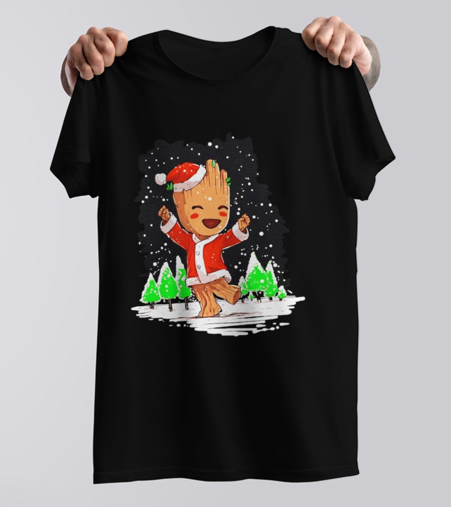 Dancing Santa Groot Christmas Trees Snow Scene T-Shirt