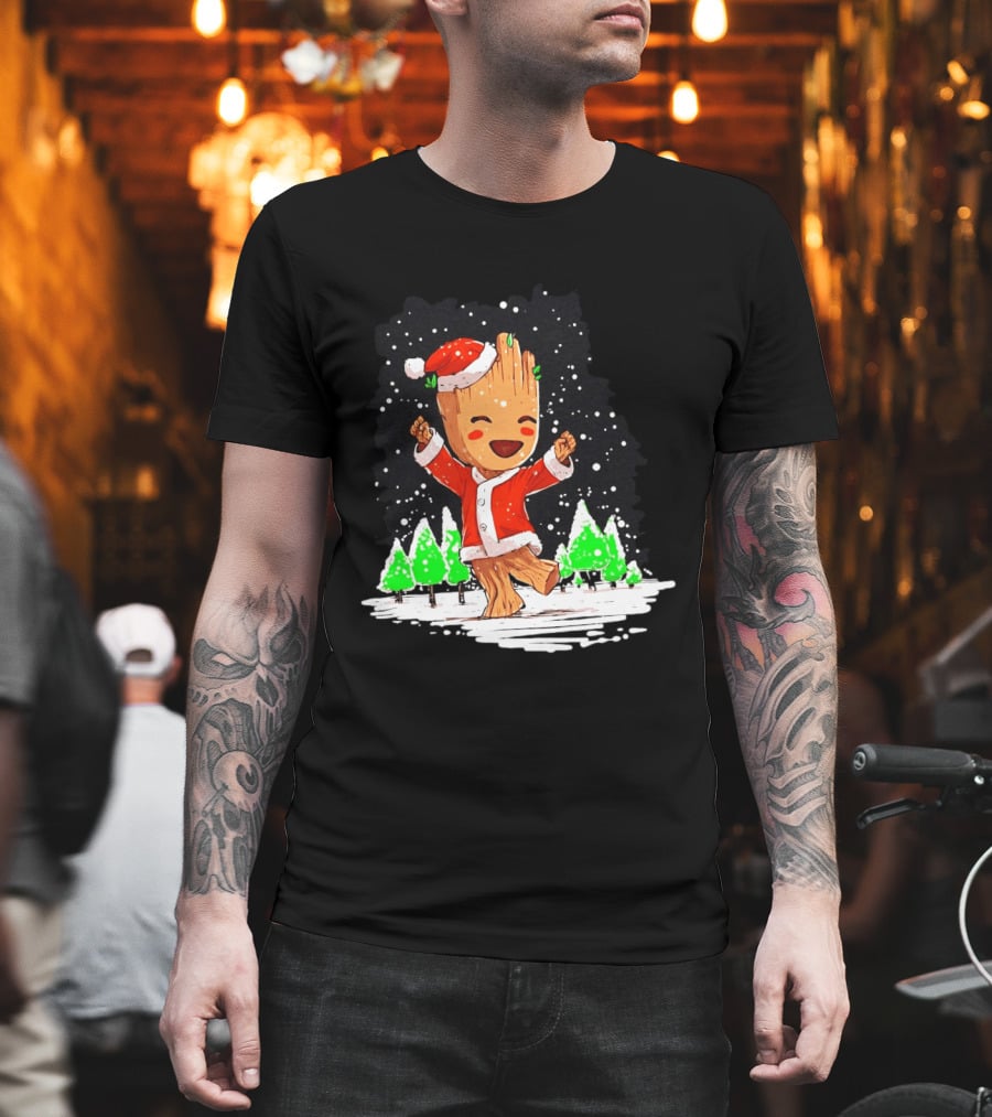 Dancing Santa Groot Christmas Trees Snow Scene T-Shirt