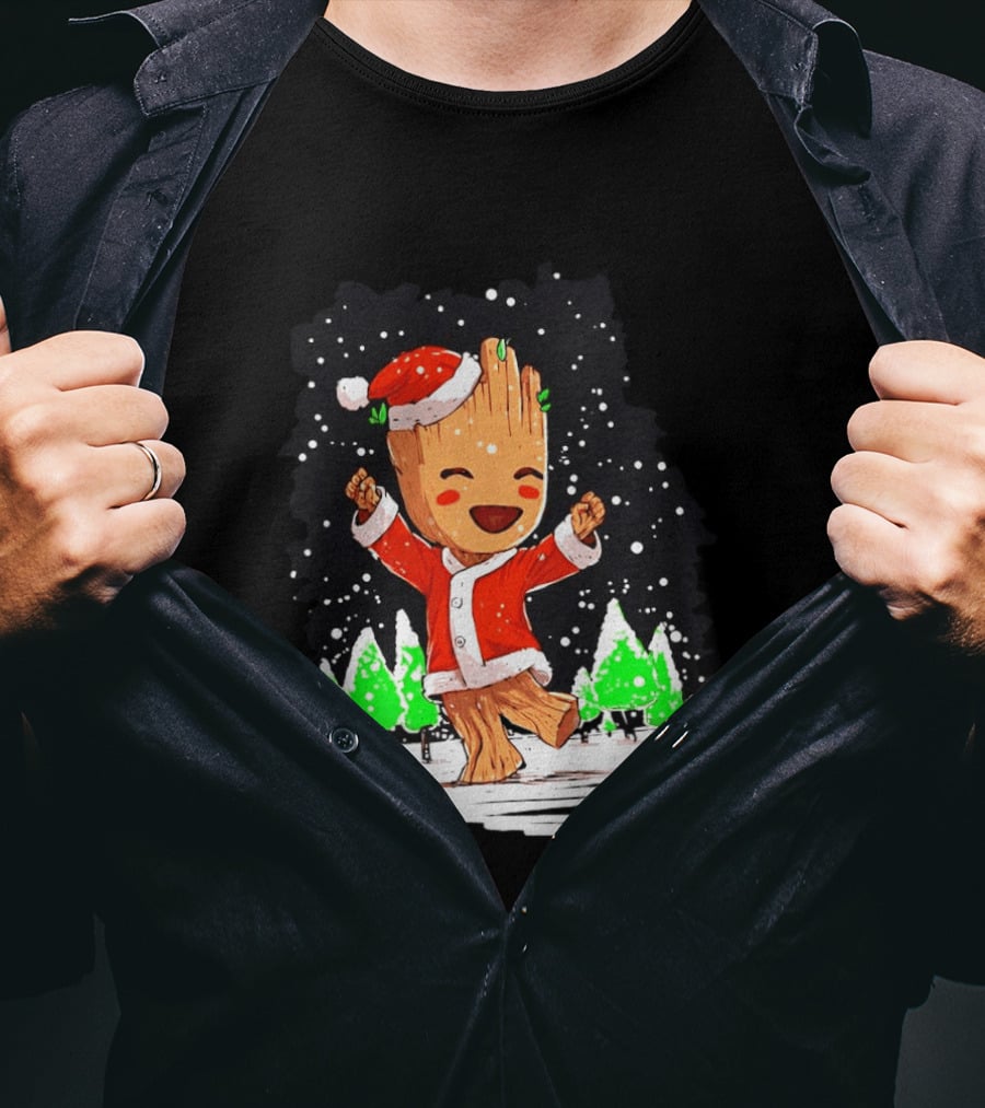 Dancing Santa Groot Christmas Trees Snow Scene T-Shirt
