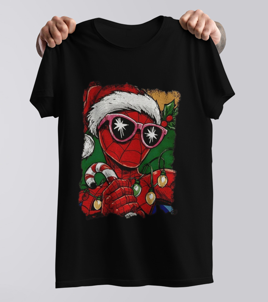 Marvel Spider Man Christmas Santa Candy Cane Festive Lights T-Shirt