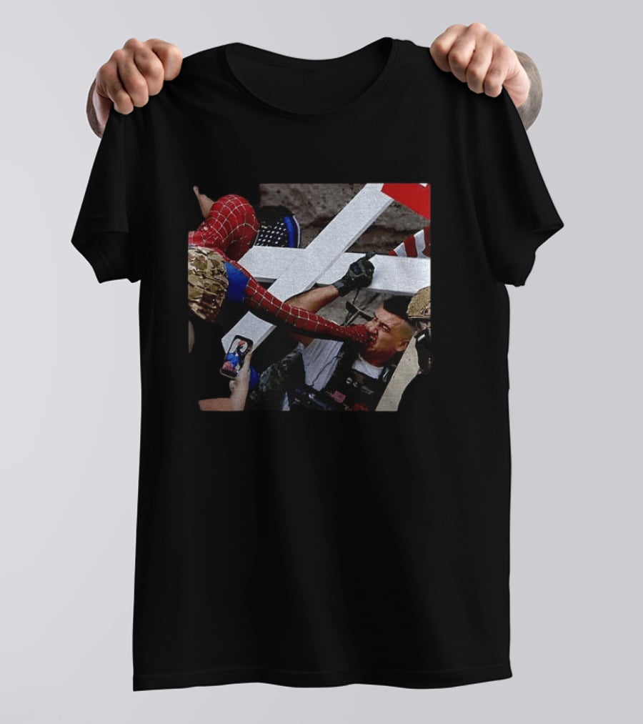 Minneapolis Spider Man Punching Protest Collage With American Flag And Cross T-Shirt