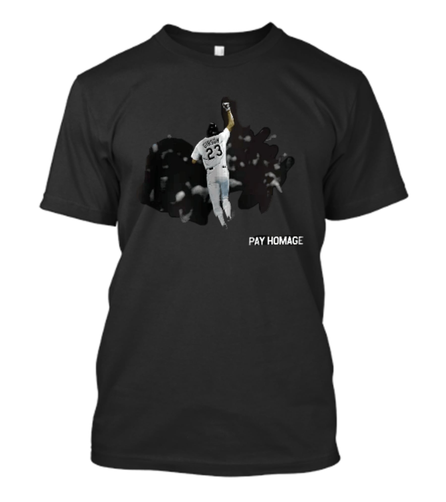 Pay Homage Gibson 23 Baseball Player Fist Pump Back View T-Shirt