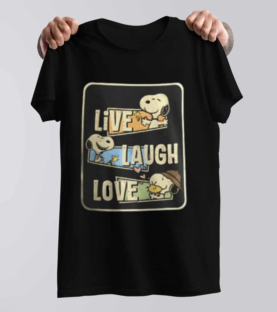 Live Laugh Love Peanuts Snoopy Woodstock Hugging Panels T-Shirt