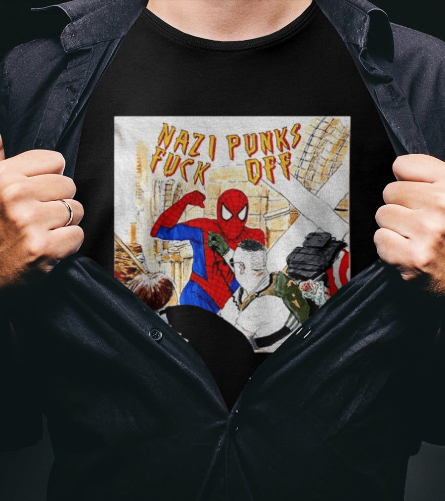 Nazi Punks Fuck Off Spiderman Characters Beating Minneapolis Police Pointing Meme T-Shirt