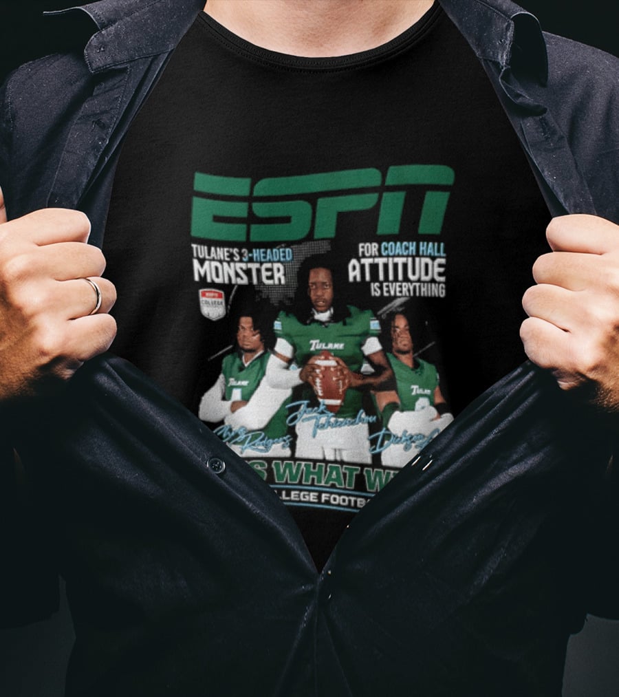 ESPN Tulane 2026 College Football Preview Three Headed Monster Coach Hall Attitude T-Shirt