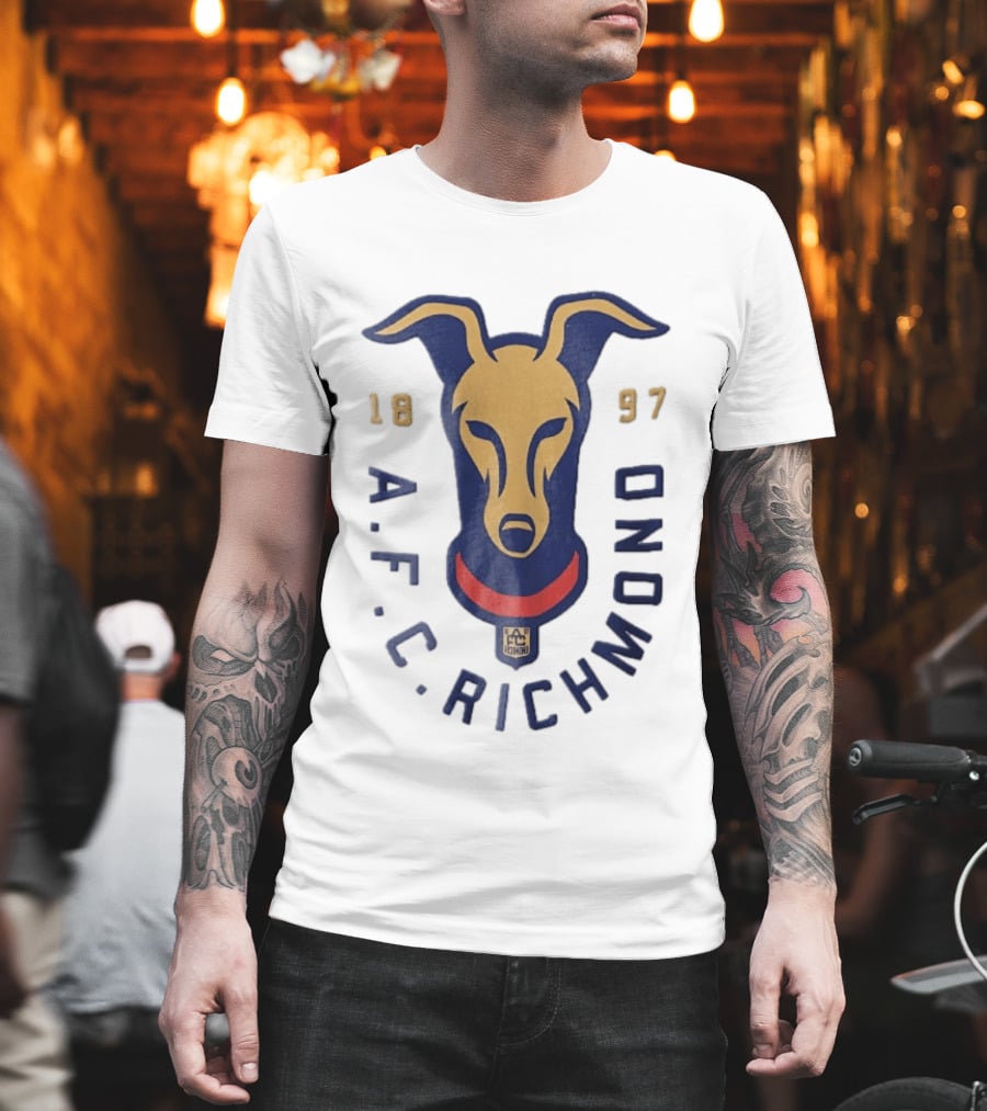AFC Richmond 1897 Blue And Gold Greyhound Dog Head With Red Collar T-Shirt