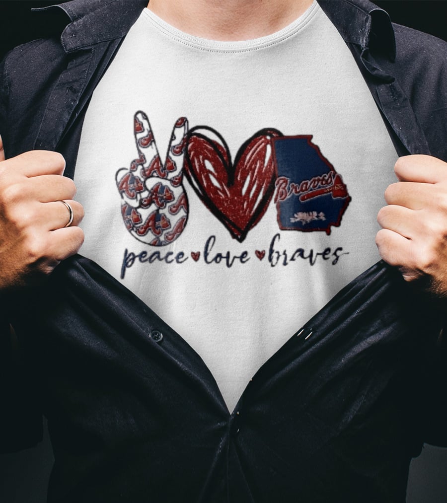 Peace Love Braves Hand Red Glitter Heart Georgia Map T-Shirt