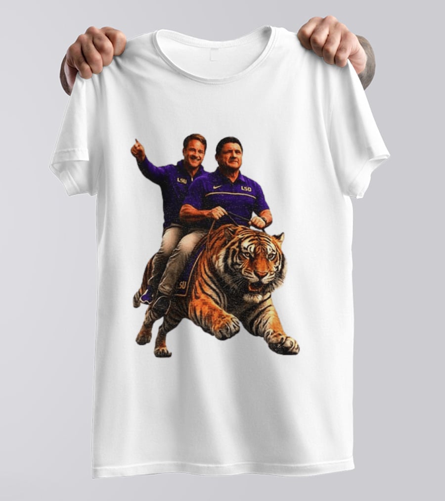 Bayou Brothers Tiger Riding LSU Coach Ed Orgeron Vs Kim Mulkey T-Shirt