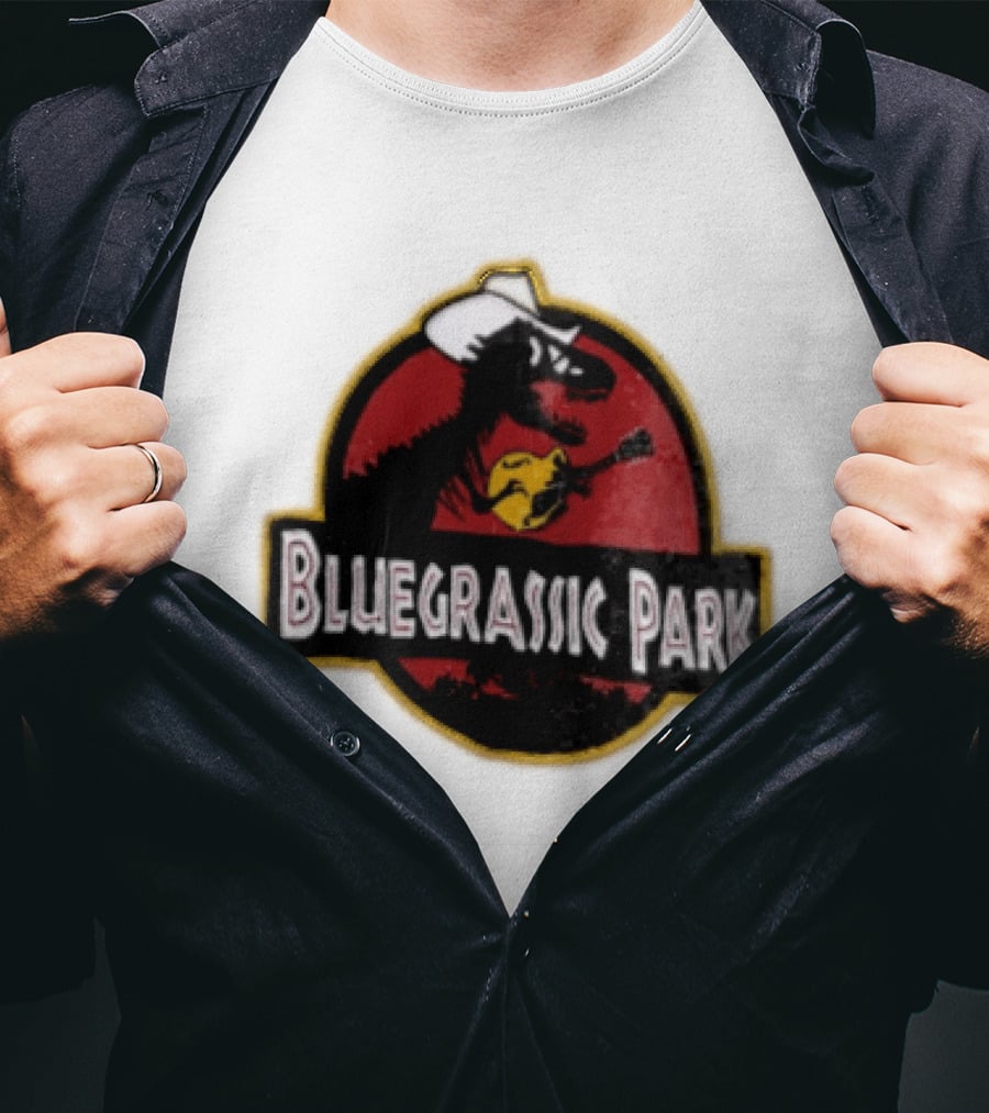 Bluegrassic Park Dinosaur Playing Mandolin Cowboy Hat Jurassic T-Shirt