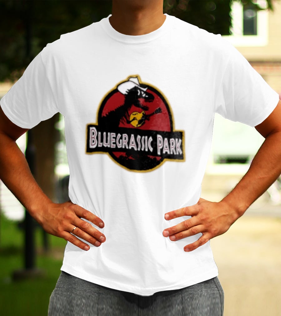 Bluegrassic Park Dinosaur Playing Mandolin Cowboy Hat Jurassic T-Shirt