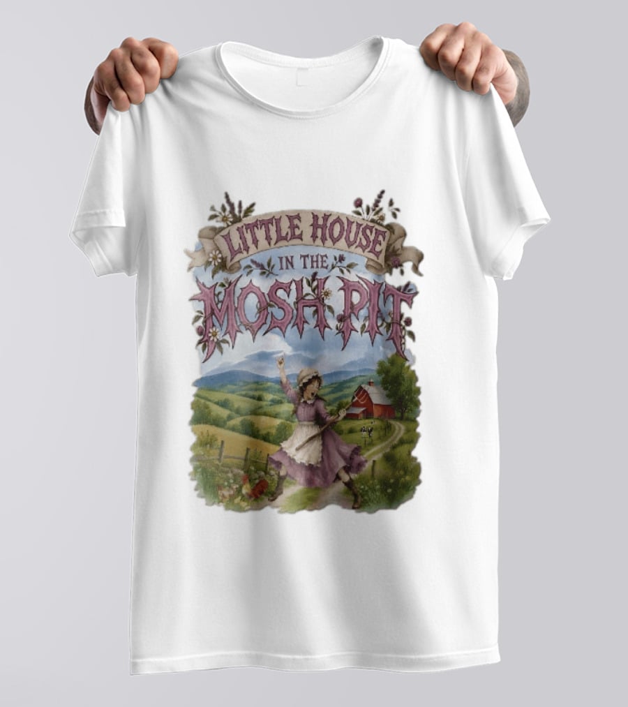 Little House In The Mosh Pit Pioneer Girl Screaming Pitchfork Red Barn Farm Country Scene T-Shirt