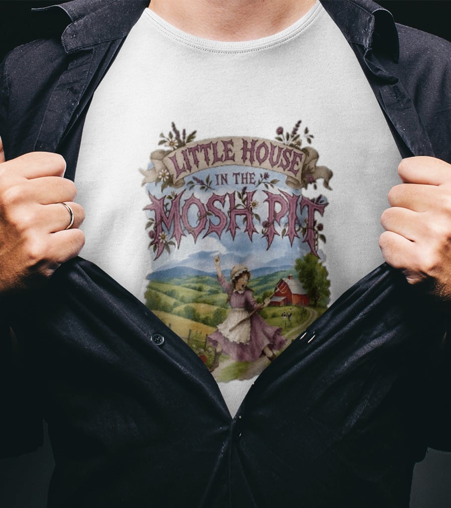 Little House In The Mosh Pit Pioneer Girl Screaming Pitchfork Red Barn Farm Country Scene T-Shirt