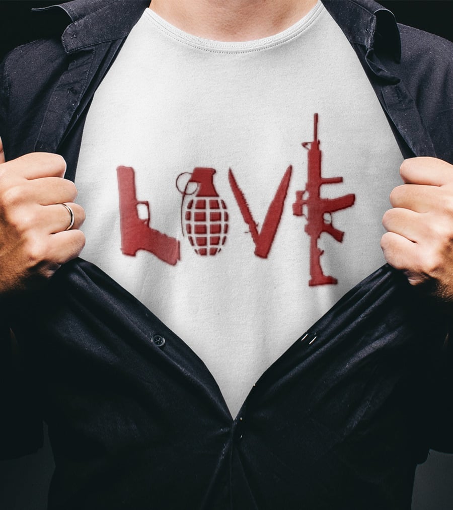 Love Red Pistol Grenade Knife Assault Rifle Weapons T-Shirt