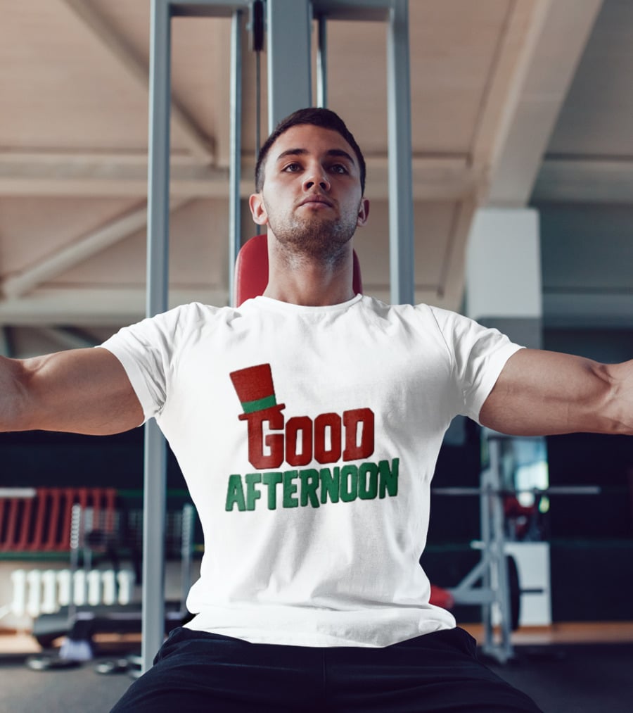 Good Afternoon Red Top Hat Green Letters T-Shirt