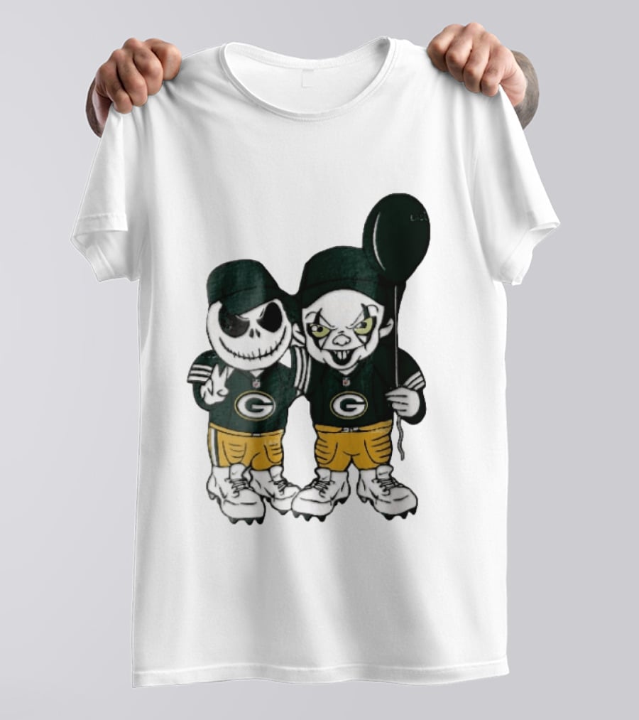 Green Bay Packers Jack Skellington Clown Balloon Cartoon Caricature Duo T-Shirt